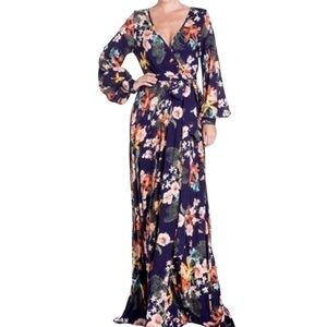 Meghan LA Lilypad Iris Navy Bell Sleeve Open Slit Maxi Dress Size Small Women's